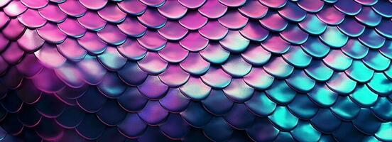 Holographic metal creative background with geometric pattern. Ultra violet neon light holographic trendy mermaid texture banner. Stylized snake or fish or mermaid scales. photo