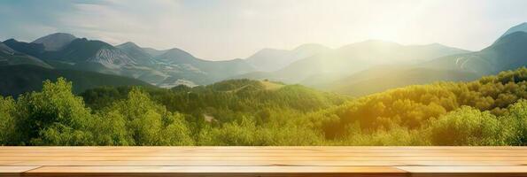 Wooden table terrace with backdrop garden plantation against the sky and the mountains background. Product photo display. Photomontage composition.