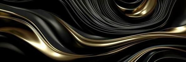 Black and gold glitter wave horizontal background.  Gold metal abstract wave textured. 3D render. photo