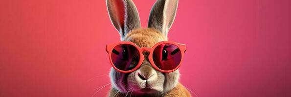 Funny bunny in glasses. Concept banner on the theme of  education with empty space for text. Cute bunny on red background. photo