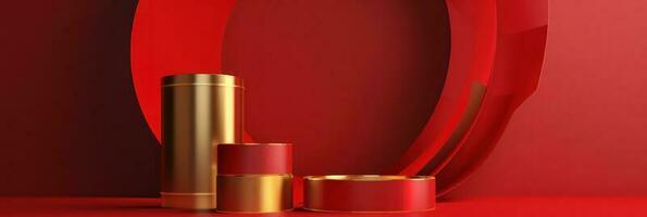 Red modern style one podium product showcase with golden ring frame Japanese style pattern background. A luxury stage for product advertising. photo