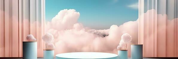 Surreal podium outdoor on blue sky pink gold pastel soft clouds with space. 3d blender composition. Minimalistic showcase from stage and cloud on a blue-pink pastel background photo