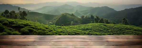 Wooden table terrace with backdrop garden plantation against the sky and the mountains background. Product photo display. Photomontage composition.