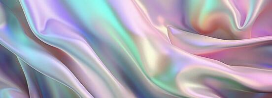 Silk shiny white fabric texture banner in pastel iridescent holographic colors. Abstract texture horizontal copy space background. 3d render. photo