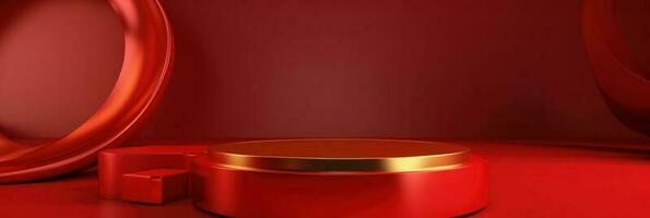 Red modern style one podium product showcase with golden ring frame Japanese style pattern background. A luxury stage for product advertising. photo