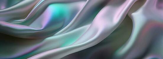 Silk shiny white fabric texture banner in pastel iridescent holographic colors. Abstract texture horizontal copy space background. 3d render. photo