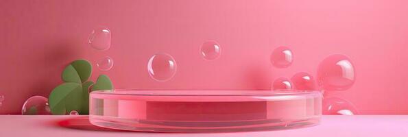 podio o plataforma para producto presentación en contra rosado paredes con jabón burbujas alrededor. resumen antecedentes en rosado antecedentes. modelo producto pararse. foto