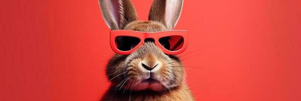 Funny bunny in glasses. Concept banner on the theme of  education with empty space for text. Cute bunny on red background. photo