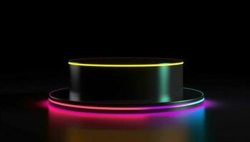 3D dark full podium with neon rainbow light on a black background. Empty stage for product presentation or fashion show performance, pedestal in nightclub dance floor photo