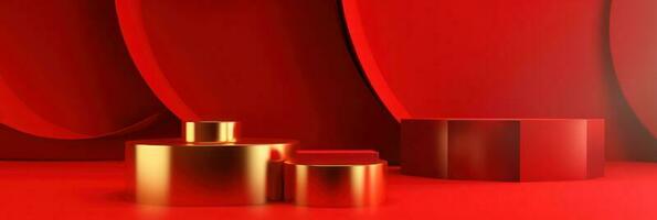 Red modern style one podium product showcase with golden ring frame Japanese style pattern background. A luxury stage for product advertising. photo
