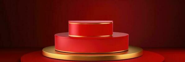 Red modern style one podium product showcase with golden ring frame Japanese style pattern background. A luxury stage for product advertising. photo
