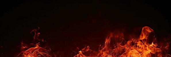 Fire embers particles over black background. Fire sparks background. Detail of fire sparks. photo