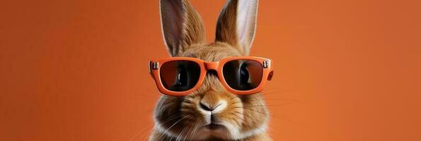 Funny bunny in glasses. Concept banner on the theme of  education with empty space for text. Cute bunny on orange background. photo