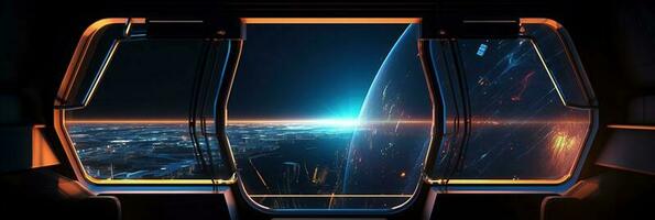 Dark spaceship interior with glowing blue and red lights. Futuristic spacecraft with large window view on planets in space and control panels. 3D rendering. photo