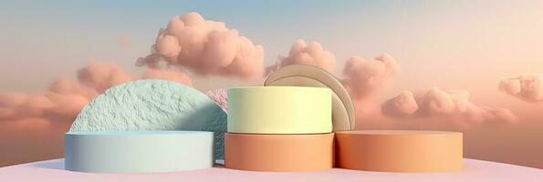 Surreal podium outdoor on blue sky pink gold pastel soft clouds with space. 3d blender composition. Minimalistic showcase from stage and cloud on a blue-pink pastel background photo