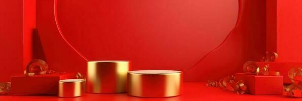 Red modern style one podium product showcase with golden ring frame Japanese style pattern background. A luxury stage for product advertising. photo