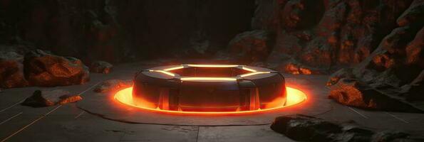 A 3D podium with lava cracks. Sci fi scene in black with a glow of fire. Game background with the effect of hell photo