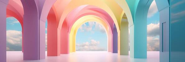 Beautiful abstract colorful corridor with color arch on a sky and cloud background. 3D render composition. photo