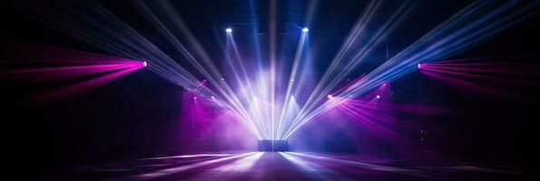 Scene, stage light with colored spotlights abstract bright projectors. Floodlight disco for display or montage your products. photo