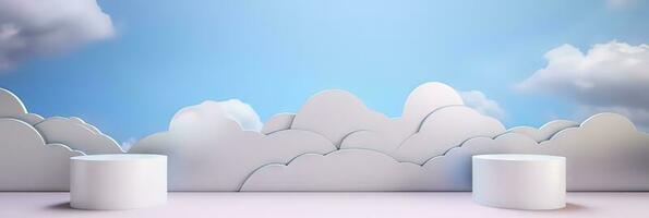 Surreal podium outdoor on blue sky pink gold pastel soft clouds with space. 3d blender composition. Minimalistic showcase from stage and cloud on a blue-pink pastel background photo