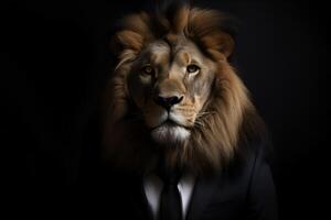 studio portrait of lion in black suit white shirt and tie photo