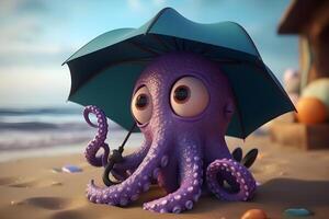 Cute pixar cartoon octopus character in 3d rendering with glasses and umbrella under water sea, at seashore photo