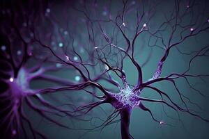 Closeup view of human neurons in brain and neuron connections in 3d illustration photo