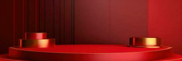 Red modern style one podium product showcase with golden ring frame Japanese style pattern background. A luxury stage for product advertising. photo