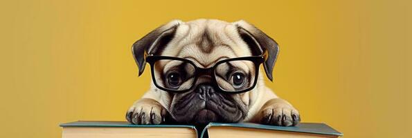Funny dog in glasses. concept banner on the theme of education. Cute pug on yellow background. photo