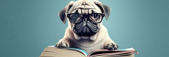 Funny dog in glasses. concept banner on the theme of education. Cute pug on yellow background. photo