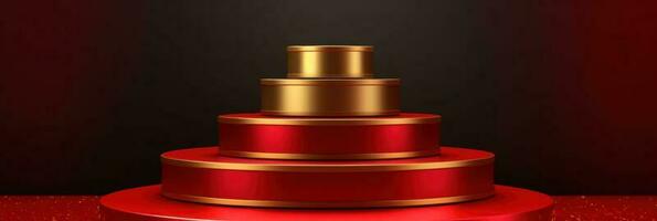 Red modern style one podium product showcase with golden ring frame Japanese style pattern background. A luxury stage for product advertising. photo