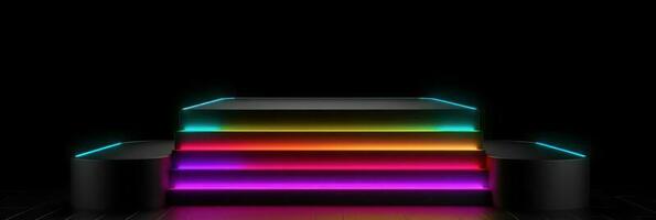 3D dark full podium with neon rainbow light on a black background. Empty stage for product presentation or fashion show performance, pedestal in nightclub dance floor photo