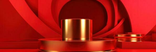 Red modern style one podium product showcase with golden ring frame Japanese style pattern background. A luxury stage for product advertising. photo
