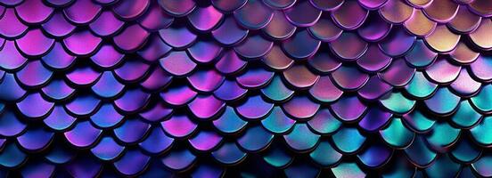 Holographic metal creative background with geometric pattern. Ultra violet neon light holographic trendy mermaid texture banner. Stylized snake or fish or mermaid scales. photo