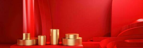 Red modern style one podium product showcase with golden ring frame Japanese style pattern background. A luxury stage for product advertising. photo
