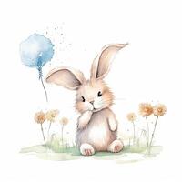 Rabbit blowing dandelion watercolor. Illustration photo