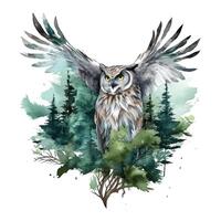 Green watercolor owl. Illustration photo