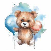 Watercolor teddy bear with balloons. Illustration photo