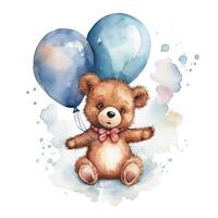 Watercolor teddy bear with balloons. Illustration photo