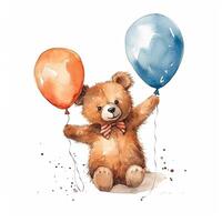 Watercolor teddy bear with balloons. Illustration photo