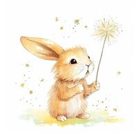 Rabbit blowing dandelion watercolor. Illustration photo