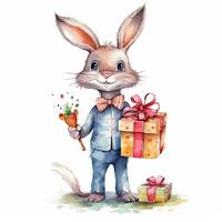 Watercolor rabbit with gift box. Illustration photo