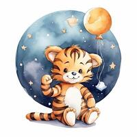 Cute baby tiger watercolor. Good night. Illustration photo