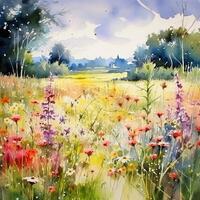 Summer meadow watercolor background. Illustration photo