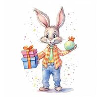 Watercolor rabbit with gift box. Illustration photo