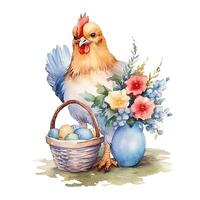 Watercolor chicken with eggs. Illustration photo