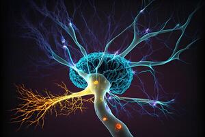 Closeup view of human neurons in brain and neuron connections in 3d illustration photo