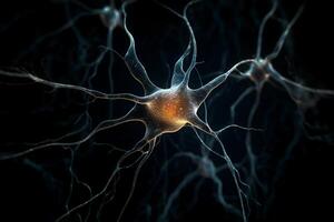 Closeup view of human neurons in brain and neuron connections in 3d illustration photo