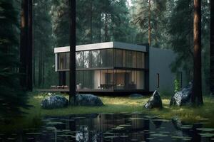 modern eco house in minimalistic design with sport car in front of it and located in the forest photo