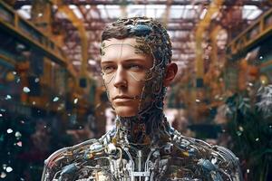 Illustration of artificial intelligence man or woman in digital space photo